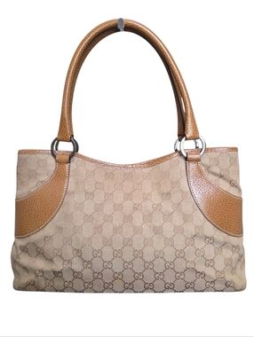 Vintage Gucci GG Canvas Shoulder Bag Beige Monogram Leather Trim 113015